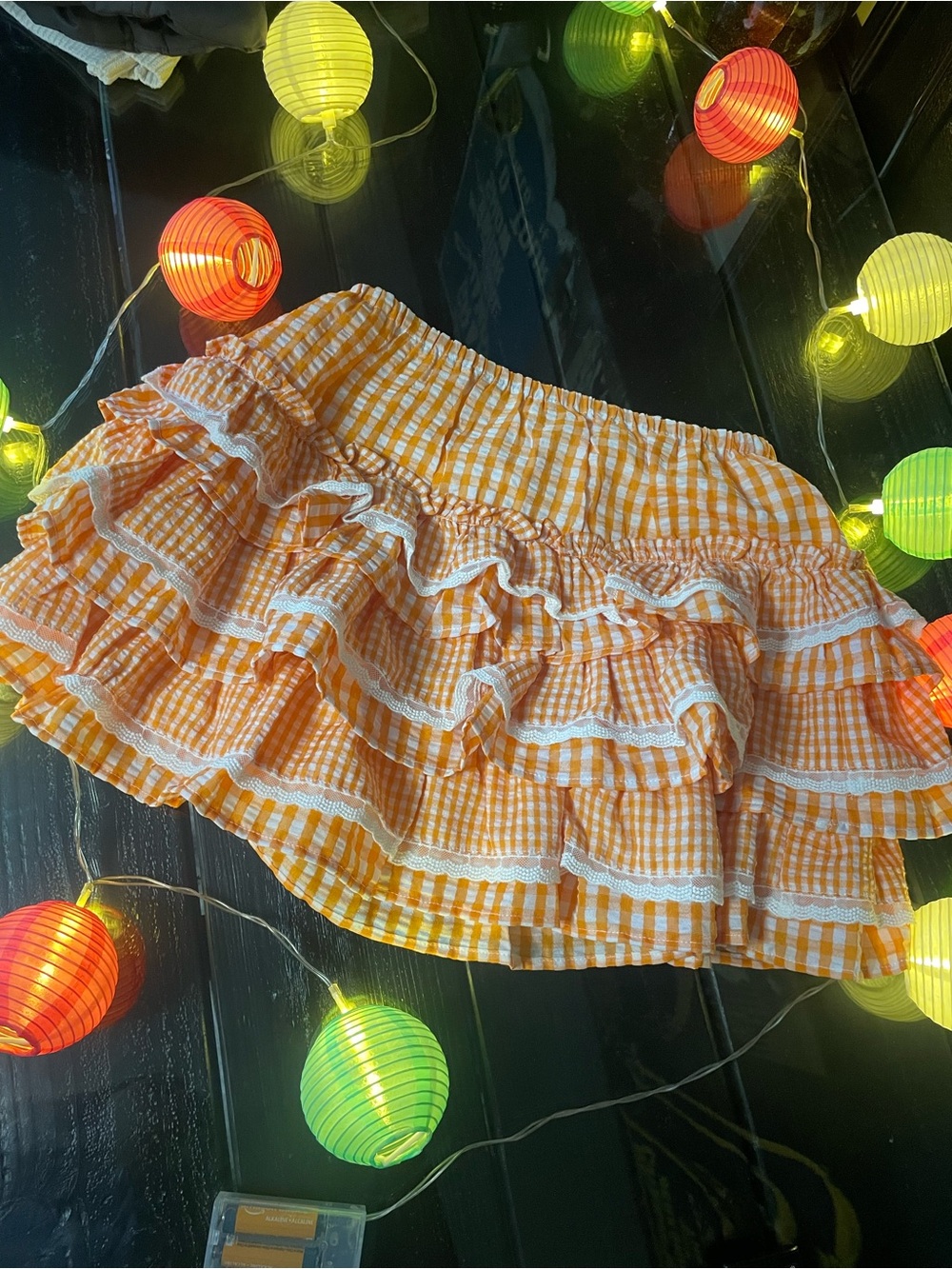 Peach Love California Orange Gingham Ruffle Mini Skirt